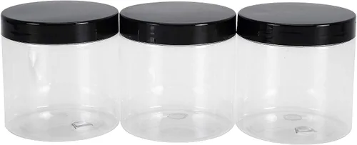 Vista 3 de Lawei Paquete de 12 tarros de plástico con tapas, tarros de almacenamiento transparentes de 16 onzas con tapas de rosca negras, recipientes redondos