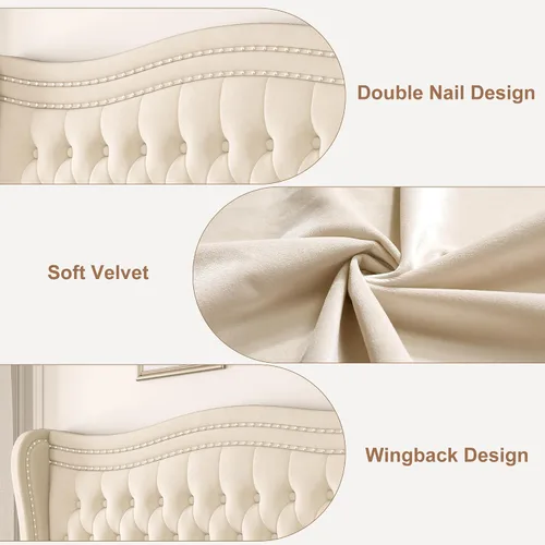 Vista 5 de Generic Base de cama Queen con cabecera tapizada de 52 pulgadas con cabecera alta y plataforma capitoné tapizada en terciopelo con botones Beige