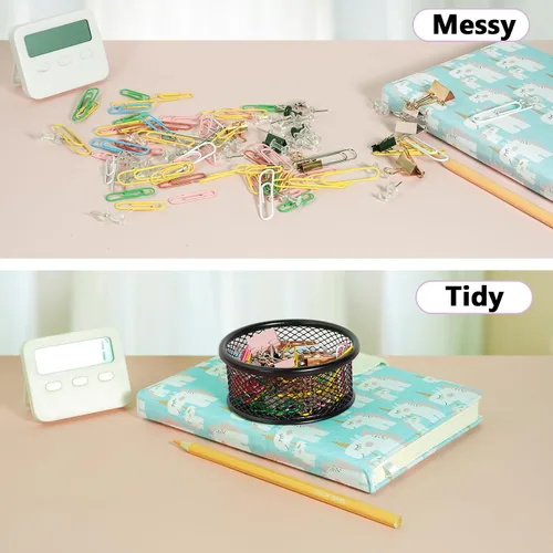 Vista 5 de Soporte de clip de papel para escritorio, soportes de clip, soportes de malla para clips de papel de metal, organizador dispensador para carpeta
