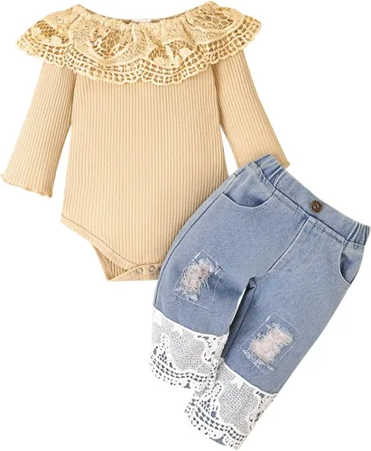 Vista 37 de Conjunto de ropa de bebé niña para bebé, mameluco de encaje blanco de manga larga + pantalones de mezclilla
