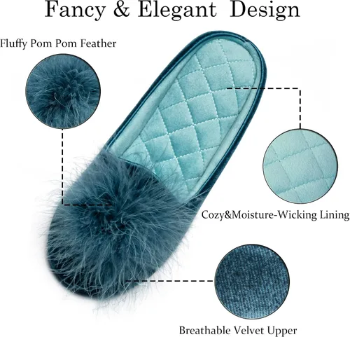 Vista 3 de GRITHEIM Pantuflas de terciopelo con pompones peludas para mujer, pantuflas de casa sexys y acogedoras para mujer, suela antideslizante