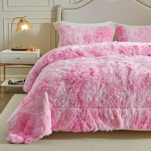 Vista 25 de Wajade Juego de edredón de felpa de pelo sintético teñido anudado negro, juego de ropa de cama mullido y peludo, juego de edredón de microfibra