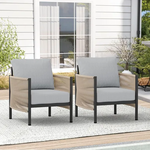 Vista 24 de Sofá de dos plazas de aluminio para patio exterior, sofá de patio de cuerda HDPE con cojín grueso lavable, muebles de patio para todo tipo de clima