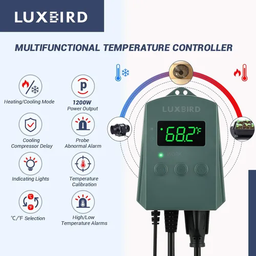Vista 2 de LUXBIRD Termostato digital con termostato de calor y refrigeración de 10 A 1200 W para plántulas, reptiles y cerveza, cría, incubación, invernadero