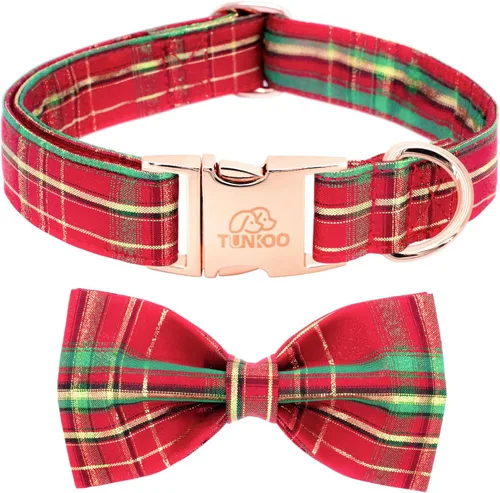 Vista 9 de Tunkoo Collar para perro con pajarita, elegante, a cuadros, suave, cómodo, de algodón, ajustable, hebilla de metal premium, pequeño, mediano