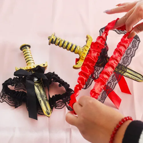 Vista 4 de 2 ligas de lazo con daga pirata, anillo de pierna de lazo de encaje, funda de pierna de espada para Halloween, carnaval, accesorios de vestir