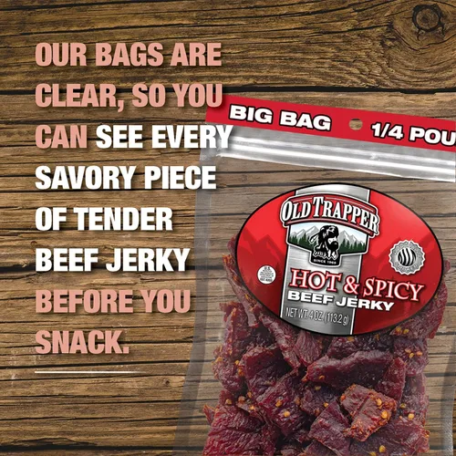 Vista 8 de Old Trapper Carne seca de ternera, picante y picante paquete individual de 1/4 libras, aperitivos de carne salados y picantes para almuerzos o entre