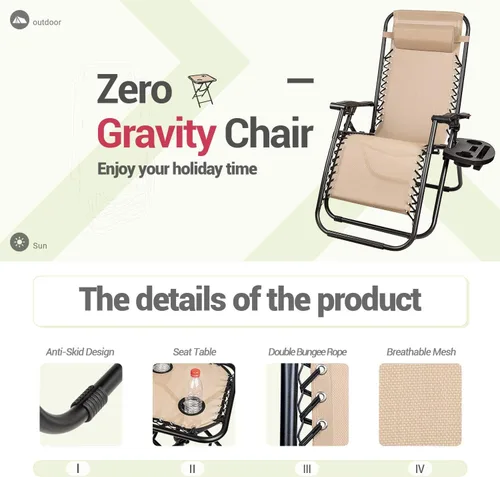 Vista 3 de Homall Juego de 3 sillas de gravedad cero para patio, reclinables, para exteriores, sillas reclinables portátiles con mesa auxiliar (beige)