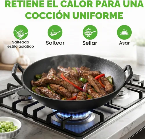 Vista 3 de NutriChef Wok de hierro fundido de 14 pulgadas con tapa de madera, Kadai pre-sazonado para freír con asas de bucle, compatible con múltiples estufas