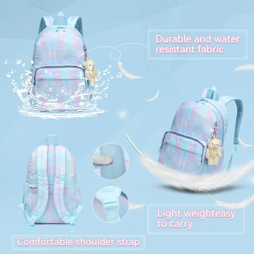 Vista 6 de Mochila para niños, mochila escolar clásica para niñas y niños, ligera, dos tamaños, multibolsillo, azul aguamarina