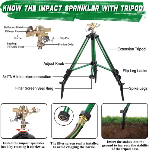 Vista 3 de Triumpeek - Aspersor de impacto con base de trípode y estacas, irrigador de gran cobertura de 360 grados con patas extensibles, boquilla de cabeza