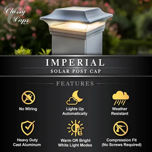Vista 8 de Classy Caps Tapa de poste solar imperial de 5 x 5 pulgadas, se adapta a postes de cubierta y valla de 5 x 5 pulgadas, aluminio fundido blanco, modos
