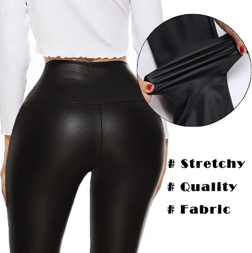 Vista 5 de SEASUM - Leggings de cuero sintético para mujer, pantalones elásticos, de cintura alta y realce de glúteos, pantalones sexis color negro