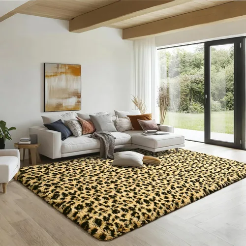 Vista 4 de HOMORE Alfombras esponjosas de leopardo de alta calidad, alfombra con estampado de leopardo para sala de estar, dormitorio, alfombra suave