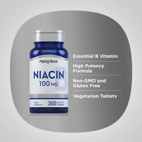 Vista 4 de Piping Rock Suplemento de niacina de 100 mg 300 tabletas Vitamina B3 para hombres y mujeres Ácido nicotínico con enjuague Vegetariano, sin