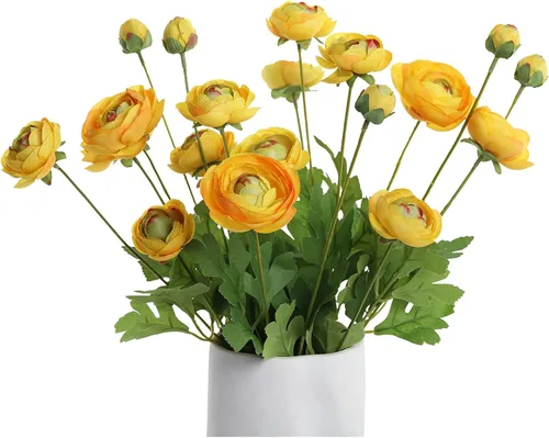 Vista 8 de Flores artificiales de seda, ranúnculo, flores falsas, 5 unidades, adecuadas para decoración de núcleos, creación floral de boda, arreglo floral Azul