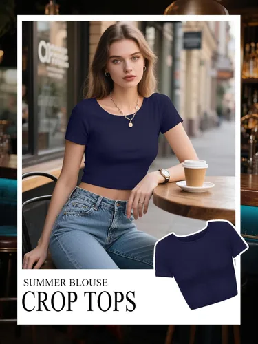 Vista 3 de Paquete de 4 camisetas cortas básicas ajustadas de manga corta para mujer, lindas camisetas cortas de moda con cuello redondo para mujeres