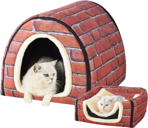 Vista 11 de Cama para gato o cama para perro, 2 formas de uso, casa de mascotas para interior con alfombra esponjosa, cubierta extraíble y lavable, fondo Grúas