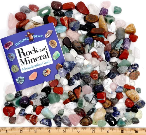 Vista 2 de Piedras naturales pulidas más hoja de identificación educativa y libro de 24 páginas de rocas y minerales (en inglés). Tamaño medio de la piedra 34