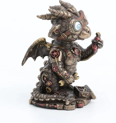 Vista 3 de Veronese Design Steampunk Dragon Tinkerer con gafas de engranaje mecánico Figura de resina acabado bronce