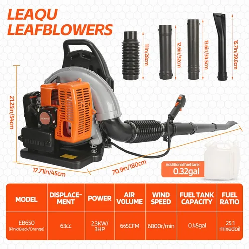 Vista 2 de Soplador de hojas de gas, 63CC 665CFM Mochila Soplador de hojas, 3HP 2 tiempos soplador de mochila, Soplador de hojas a gas, Soplador de gas
