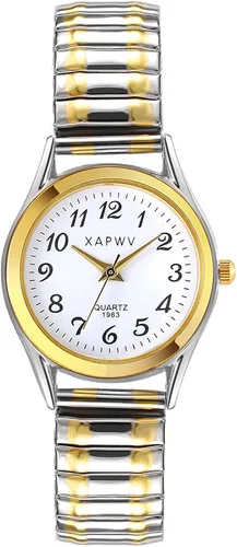 Vista 26 de JewelryWe Reloj de lectura fácil ultrafino para mujer con correa elástica de tono dorado/plateado