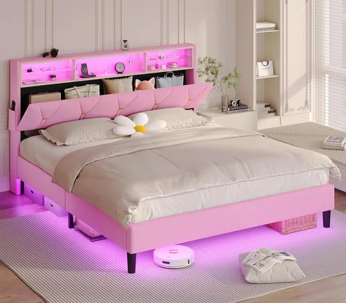 Vista 9 de BTHFST Marco de cama tamaño completo con luces LED y estación de carga, marco de cama LED tamaño completo con almacenamiento de cabecero, cama