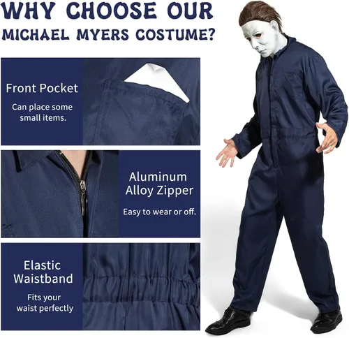 Vista 4 de Disfraz de Michael Myers para hombres adultos, overol de Michael Myers máscara con cuchillo de sangre para Halloween, cosplay, trajes de asesino