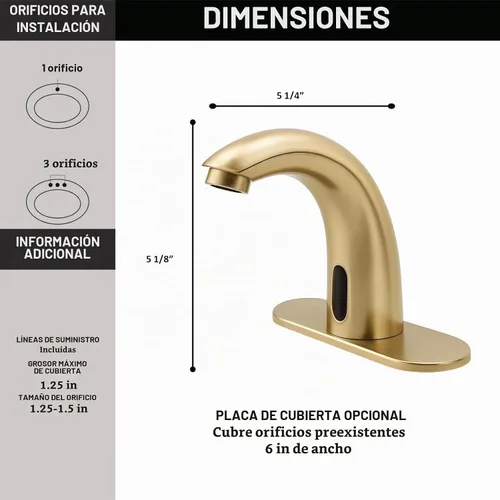 Vista 3 de Grifo de lavabo de baño sin contacto de oro cepillado, funciona con pilas, sensor de movimiento automático, grifo manos libres con válvula de mezcla