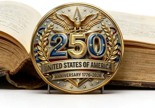 Vista 3 de Moneda del 250 aniversario de Estados Unidos 1776-2026 Mercancía 3D America 250 para celebración patriótica, regalos del Día de la Independencia
