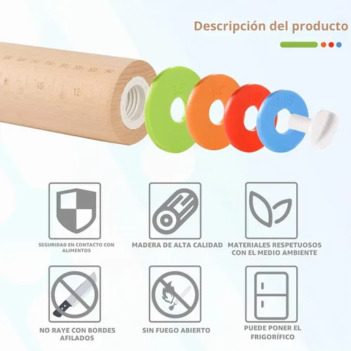 Vista 5 de Yasashii Rodillo de madera con 4 anillos de grosor ajustable, rodillo de masa antiadherente para hornear, rodillo de pizza de 17 pulgadas