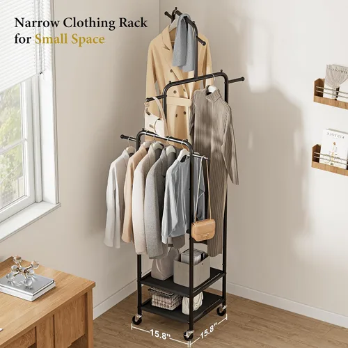 Vista 7 de Chrislley Pequeño Perchero de Ropa con Ruedas, Perchero Enrollable Portátil de 71" con 2 Estantes y 6 Ganchos, Perchero de Ropa de Metal Resistente