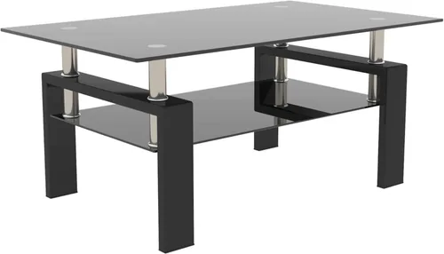 Vista 9 de Mesa de centro rectangular de vidrio de 39.4 pulgadas, mesa de centro negra con vidrio templado y patas de metal, mesa central moderna de 2 niveles