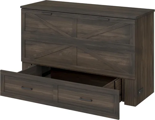 Vista 9 de SOFTSEA Queen Size Farmhouse Murphy Cabinet Bed with Charging Station, Foldable Platform Bed with Large Storage Drawer for Guestroom, Small Bedroom