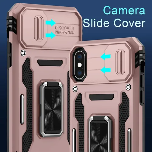 Vista 241 de DEERLAMN Funda para iPhone Xs Max con funda deslizante para cámara + protector de pantalla, soporte giratorio de anillo de grado militar a prueba