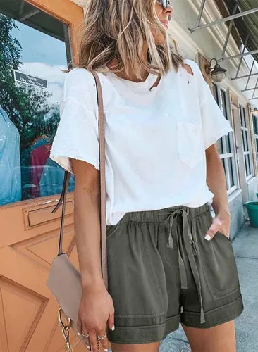 Vista 5 de Wielsscca - Pantalones cortos con cordón para mujer, cintura elástica, casual, ligeros, con bolsillos