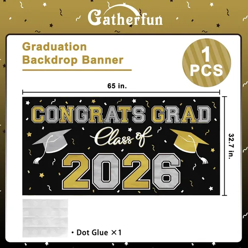 Vista 2 de Telón de fondo de plástico para fiesta de graduación 2026 - 65" x 32.7" Pancarta Congrats Grad en negro, decoraciones grandes de la clase de 2026