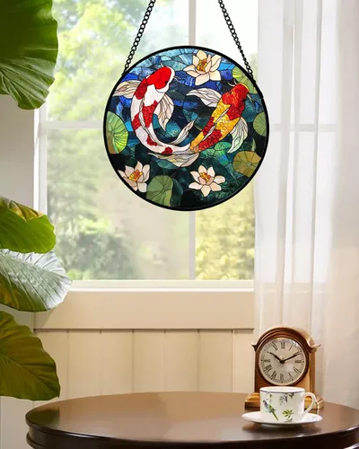 Vista 6 de Atrapasoles de Vidrio Manchado para Colgar en Ventanas, Koi y Loto para Puerta, Decoración del Hogar, Atrapasoles de Pescado, Regalos de Navidad