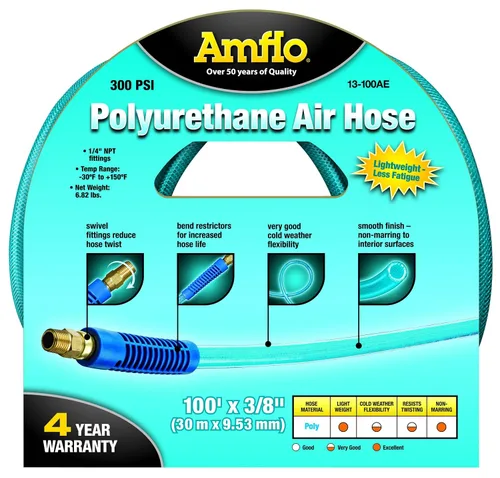 Vista 2 de Amflo 13-100AE Manguera de aire de poliuretano, color azul, 300 PSI, 3/8 pulgadas x 100 pies con terminaciones giratorias MNPT de 1/4 pulgadas
