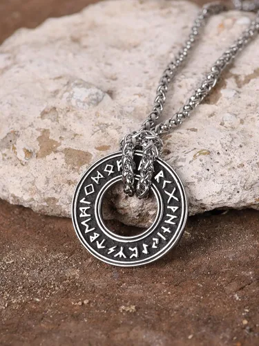 Vista 2 de HAQUIL Collar de runas vikingas, colgante de talismán de moneda de círculo nórdico nórdico vikingo nórdico, regalo de joyería vikinga para hombres