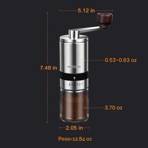 Vista 4 de Molinillo de café manual con 6 ajustes de grosor ajustables, molinillo de café con manivela de mano con rebabas de cerámica para granos de expreso