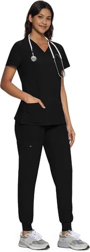 Vista 3 de floralhue Conjunto de ropa quirúrgica para mujer con cuello en V y Negro