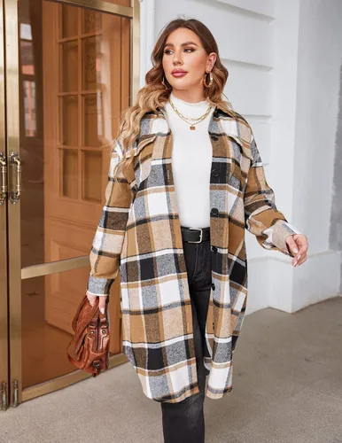 Vista 2 de IN'VOLAND Camisas de franela a cuadros de talla grande para mujer, manga larga, con solapa, estilo novio, con botones, chaqueta larga de tartán