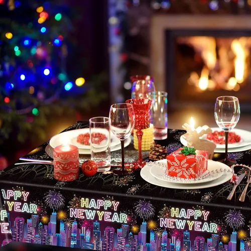 Vista 5 de SpinLaLa Mantel de plástico desechable de 3 piezas de 54 x 108 pulgadas, diseño de fuegos artificiales negros y horizonte urbano para fiestas de Año