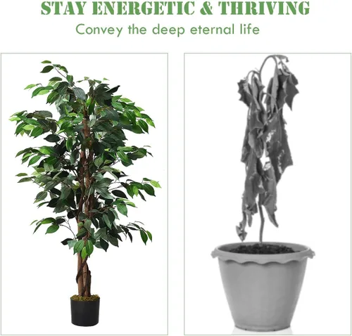 Vista 4 de Goplus Árbol de seda artificial de ficus de 4 pies, árbol falso en maceta con hojas verdes y tronco natural, sin mantenimiento, planta sintética