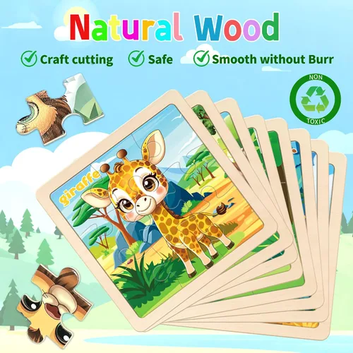 Vista 2 de Rompecabezas de madera para niños pequeños, 9 piezas de rompecabezas de animales para niños de 3 a 5 años, actividades de aprendizaje preescolar