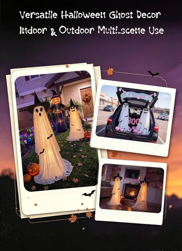 Vista 3 de Minetom 2 Pack Outdoor Halloween Ghost Decorations, Light Up Ghosts 2 witch hats