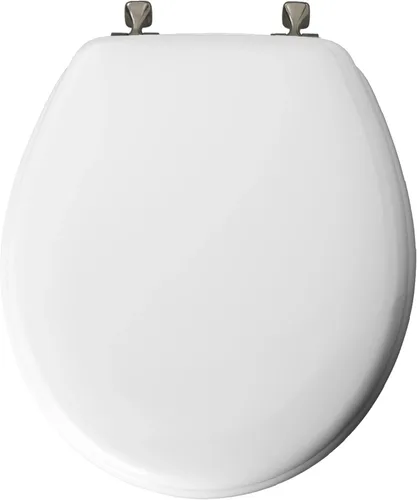 Vista 3 de Asiento de inodoro redondo de madera esmaltada con bisagras de metal de níquel cepillado, ajuste seguro para accesorios de baño, color blanco