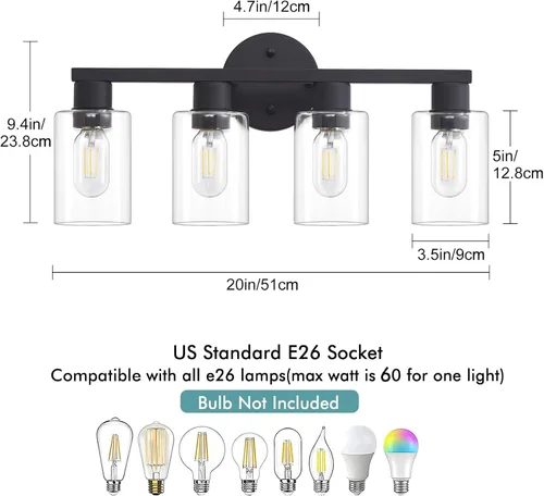 Vista 3 de Lámpara de tocador de baño de 4 luces, lámparas de baño negro mate con pantalla de vidrio transparente, 4 luces de tocador, accesorios