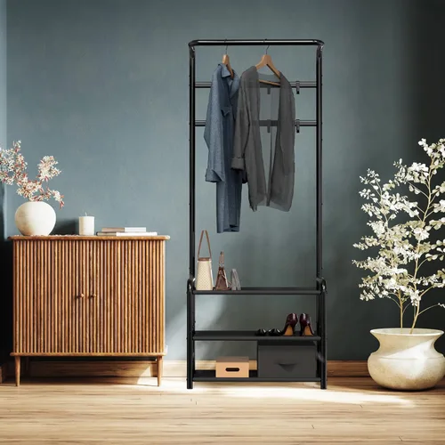 Vista 5 de Simple Houseware - Perchero con estante, árbol de pie con ganchos, color negro Para entrada, dormitorio, oficina, soporte de metal negro